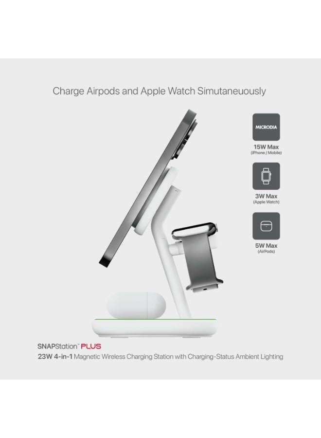 MICRODIA SNAPStation PLUS 23W 4-in-1 Magnetic Wireless Charging Station, Magsafe Wireless Charger Stand for iPhone, AirPods & Watch with Fast Charging – White - Image 3